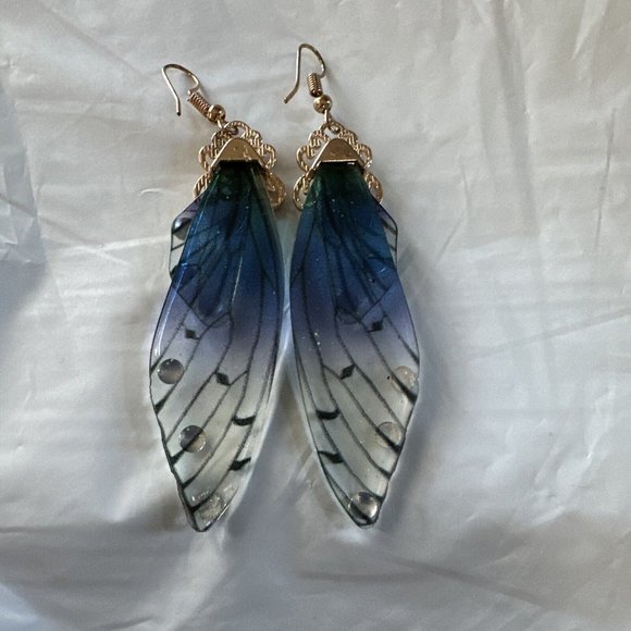 Fairy Earrings Butterfly Wings Handmade Fantasy Elvish Nature‎ Blue Rhinestones - Picture 4 of 4